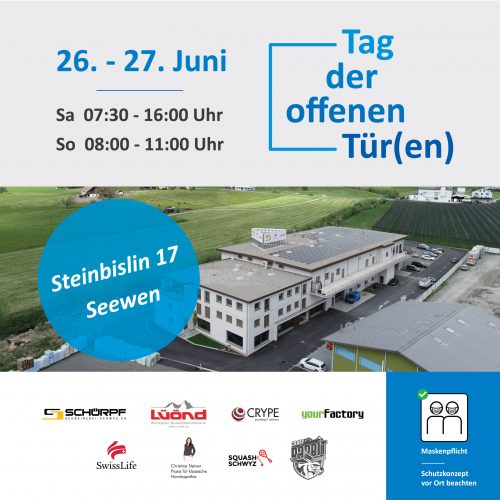 Flyer für den Tag der offenen Tür(en) der Firmen vom Bürogebäude Steinbislin 17 in 6423 Seewen SZ.